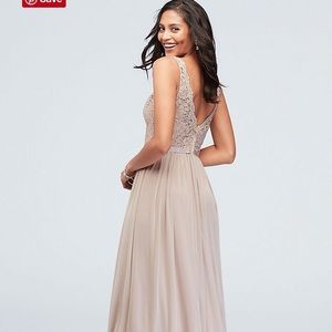 Floor length gold David’s bridal bridesmaids dress
